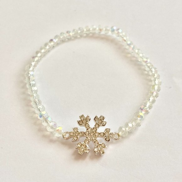 Crystal Snowflake Bracelet Beaded AB beads Silver Tone Stretch Christmas Winter - Picture 4 of 10